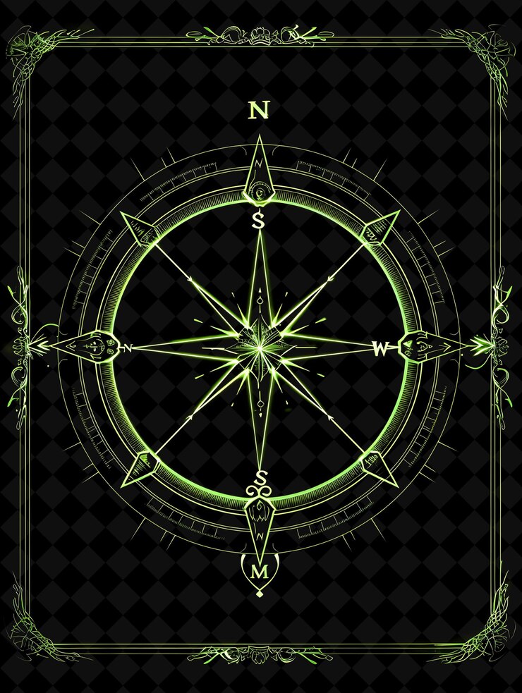 PSD diseño de marco de brújula luminosa png con cordón y patrón de brújula y2k forma de neón en fondo oscuro