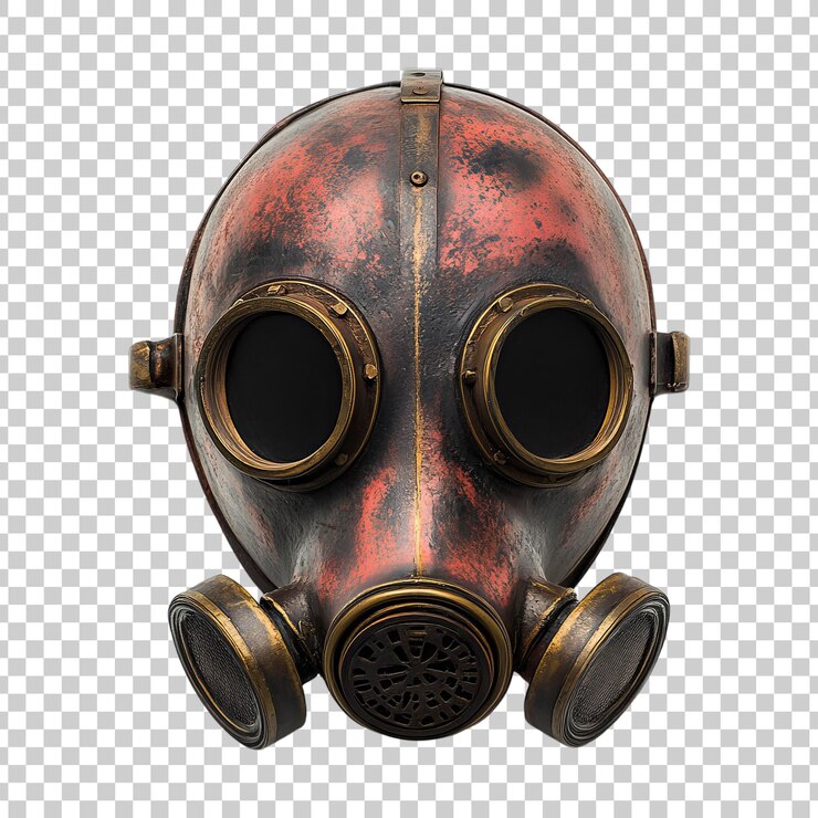 PSD diseño de máscara de gas industrial retro con detalles de bronce en un fondo transparente