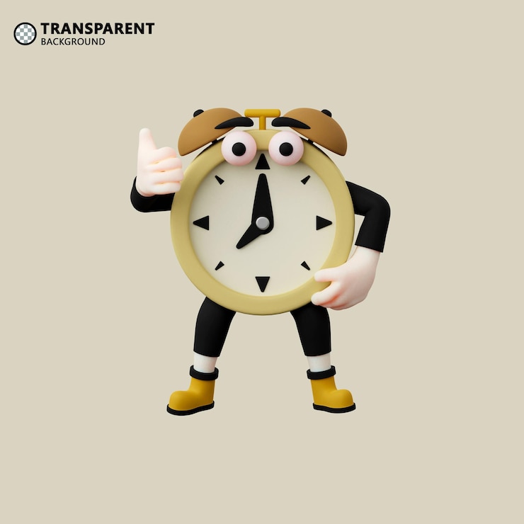 PSD diseño de mascota de personaje de despertador 3d con estilo de gesto de pulgar hacia arriba, fondo blanco aislado