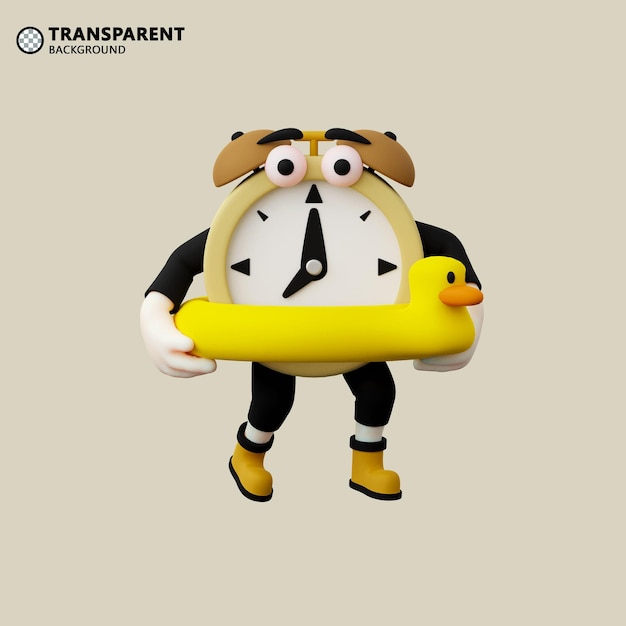 Diseño de mascota de personaje de despertador 3D con salvavidas de pato amarillo