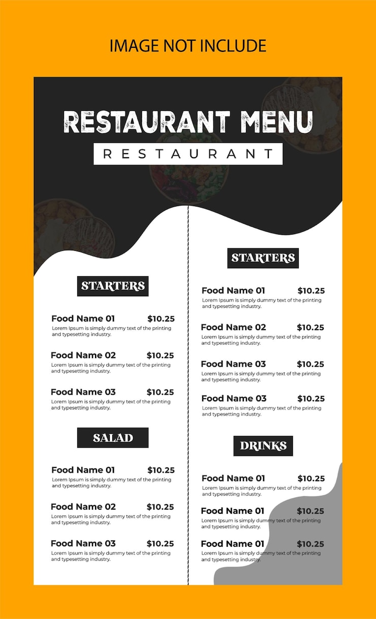 PSD diseño del menú del restaurante con opciones de comida y bebida