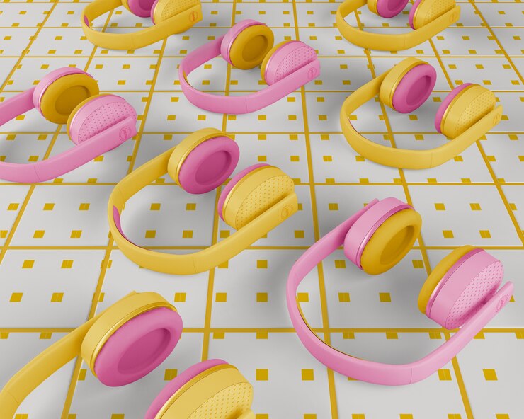 PSD diseño minimalista de auriculares amarillos y rosas
