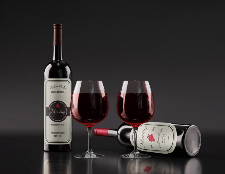 Diseño minimalista de maquetas de botellas de vino con poca luz y tonos oscuros