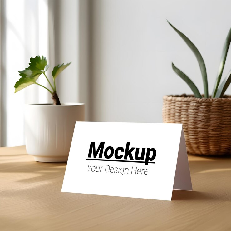 PSD diseño minimalista de tarjetas de felicitación en una superficie de madera junto a las plantas