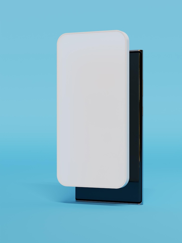 PSD diseño minimalista de teléfono inteligente con pantalla blanca y cuerpo negro aislado sobre fondo azul
