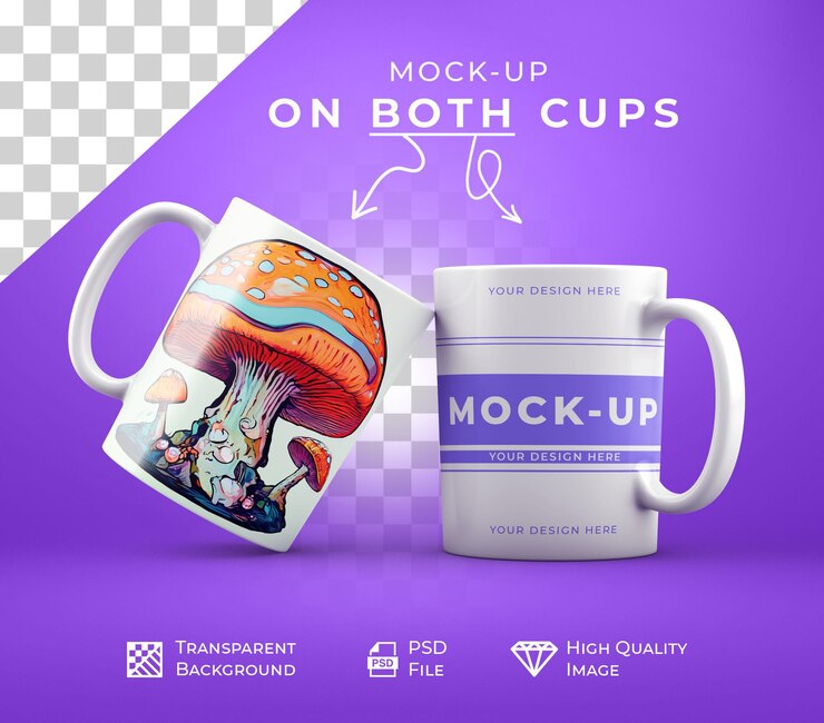 PSD diseño de mock up de taza dos tazas de café y té de cerámica en 3d sobre un fondo transparente