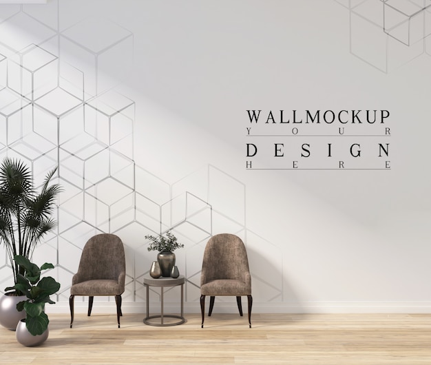 Diseño moderno de salón blanco con pared de maqueta y sillones