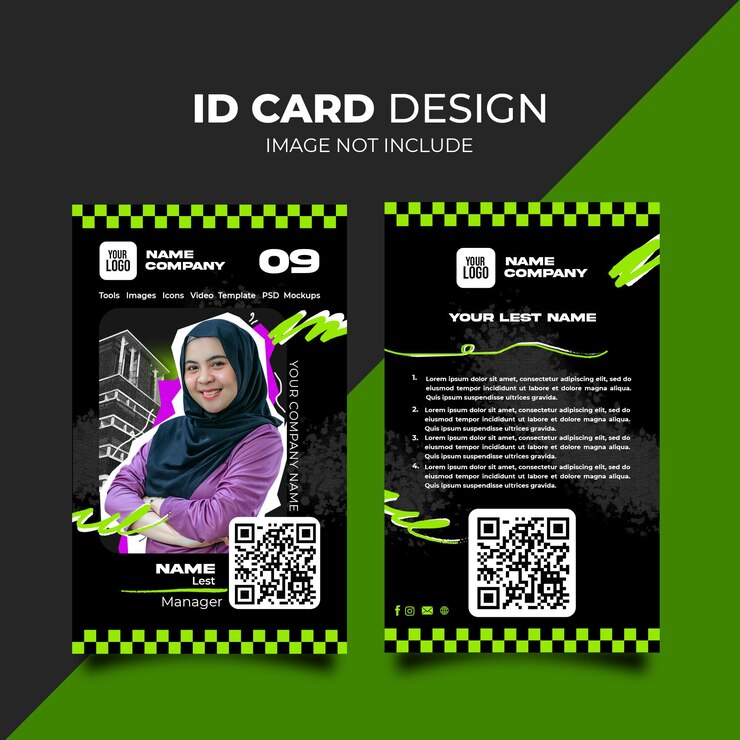 PSD diseño moderno de tarjetas de identificación para empleados y personal con código qr