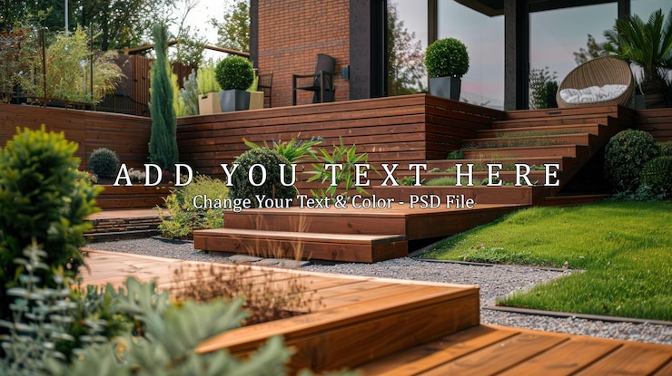 PSD diseño moderno de la terraza del patio trasero con cubierta de madera y exuberante vegetación