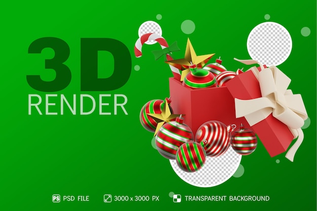 PSD diseño de navidad con cajas de regalo, estrellas, bolas y caramelos 3d render fondo aislado