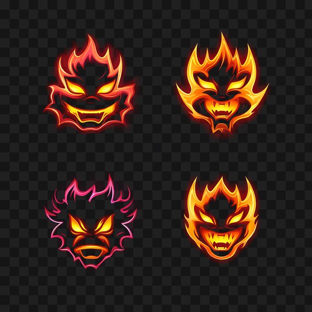 PSD diseño de neón del icono de la cara de la llama de fuego emoji con fuego decidido feroz y tatuaje de la idea de clipart