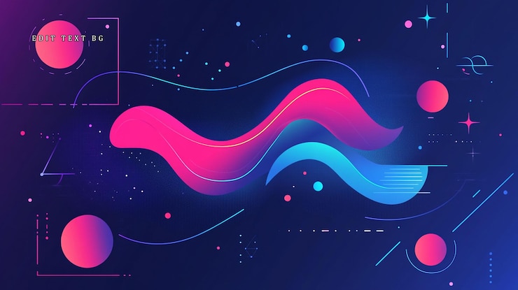 PSD diseño de ondas cósmicas abstractas con gradientes rosados y azules formas geométricas y estrellas en un fondo oscuro