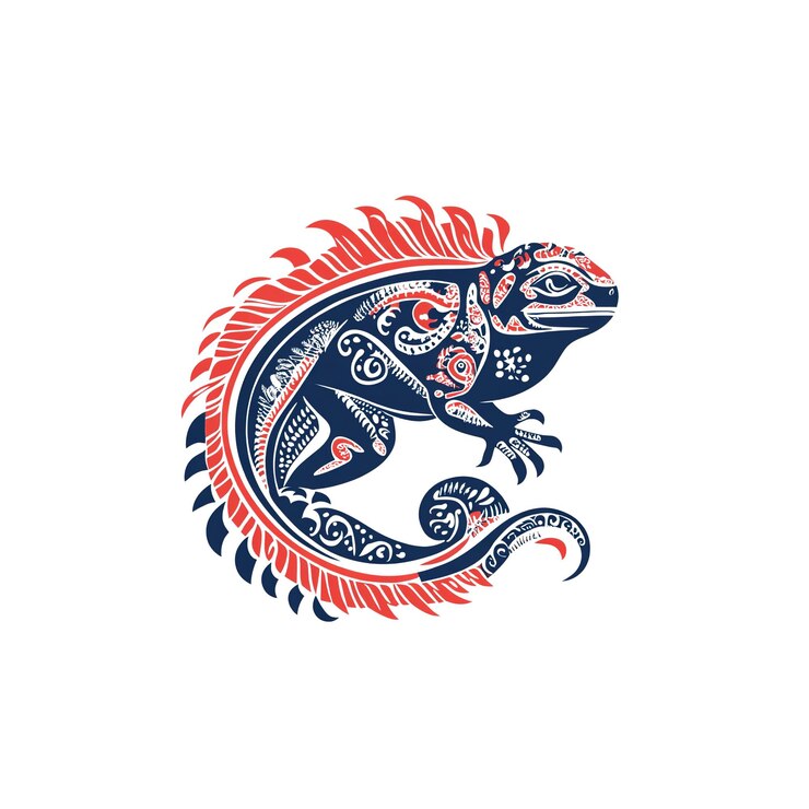 PSD el diseño ornamentado de la iguana azul y el coral ilustración intrincada de reptiles