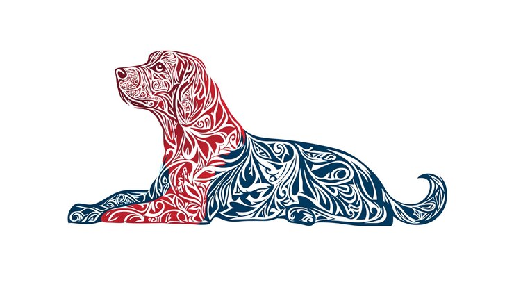 PSD diseño ornamentado para perros ilustración canina con patrones florales rojos y azules