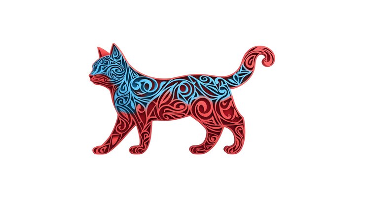 PSD diseño ornamentado de silueta de gato rojo y azul
