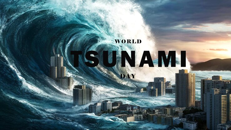 PSD diseño de la pancarta del día mundial de concienciación sobre los tsunamis con fondo
