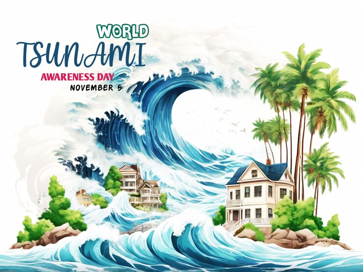 Diseño de la pancarta del Día Mundial de Concienciación sobre los Tsunamis Las olas golpean las casas y la naturaleza