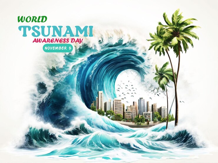 Diseño de la pancarta del Día Mundial de Concienciación sobre los Tsunamis Olas que golpean casas y paisajes de edificios