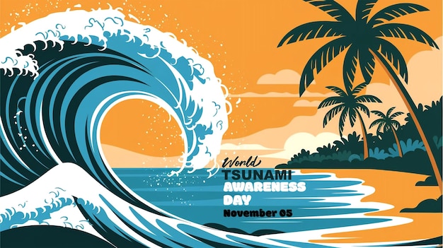 Diseño de la pancarta del Día Mundial de Concienciación sobre los Tsunamis Olas que golpean casas y paisajes de edificios