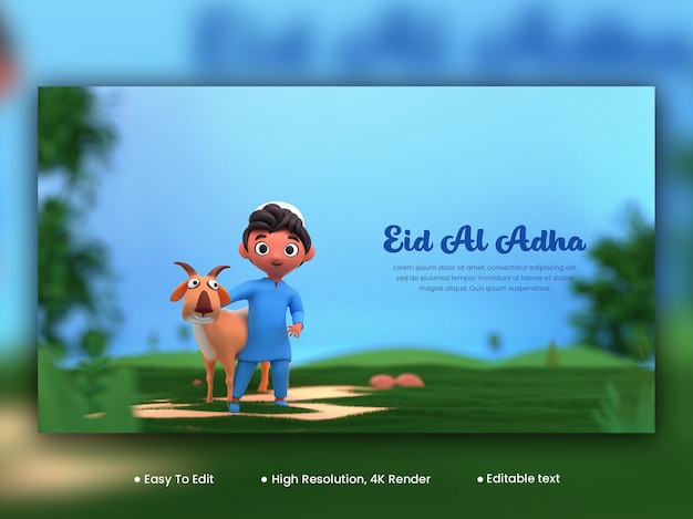 Diseño de pancarta de eid al adha mubarak con un joven islámico 3d sosteniendo una cabra en la vista de la naturaleza borrosa fondo azul