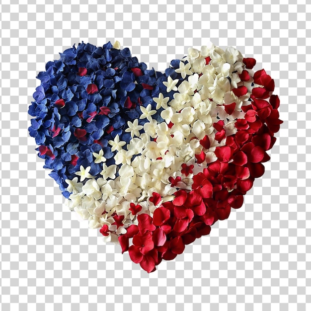 Diseño patriótico de corazón con bandera estadounidense y flores coloridas aisladas en un fondo transparente