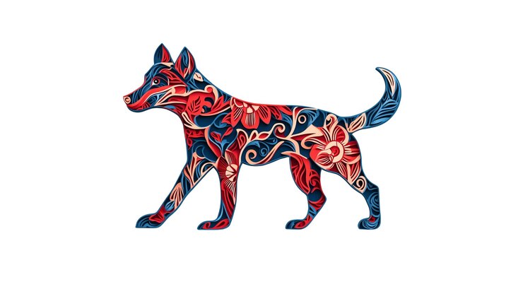 PSD diseño de perro floral adornado silueta canina roja, azul y beige