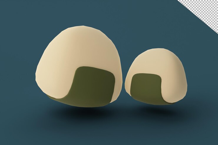Diseño plano 3D de pequeños onigiri mirándose el uno al otro el fondo del diseño es transparente