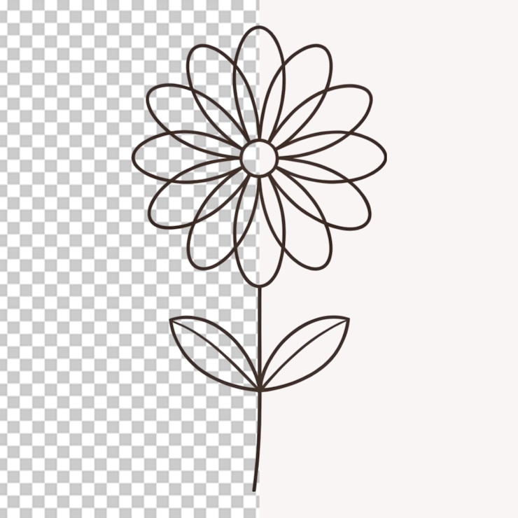 PSD diseño plano dibujado a mano con un simple contorno de flor sobre un fondo transparente