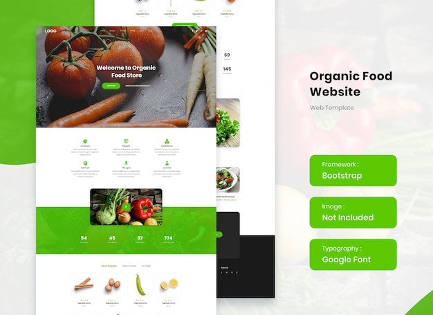 PSD diseño de plantilla de aterrizaje de sitio web de alimentos orgánicos saludables