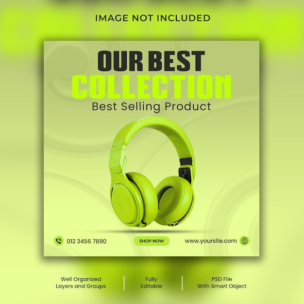 PSD diseño de plantilla de banner de facebook e instagram de producto de marca de auriculares de color verde