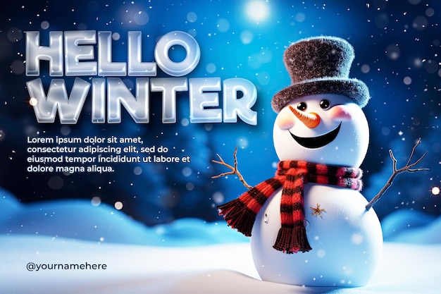 Diseño de plantilla de banner de hello winter con fondo de muñeco de nieve