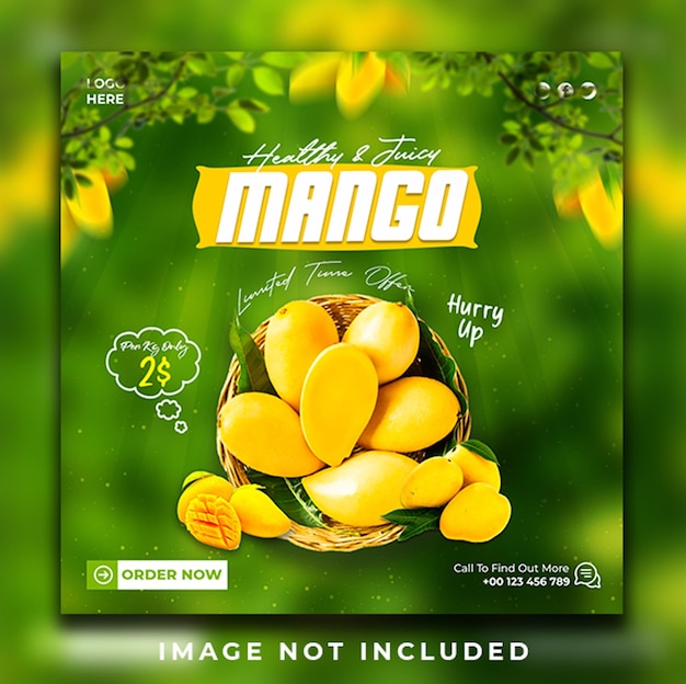Diseño de plantilla de banner de instagram y publicación en redes sociales de frutas de mango