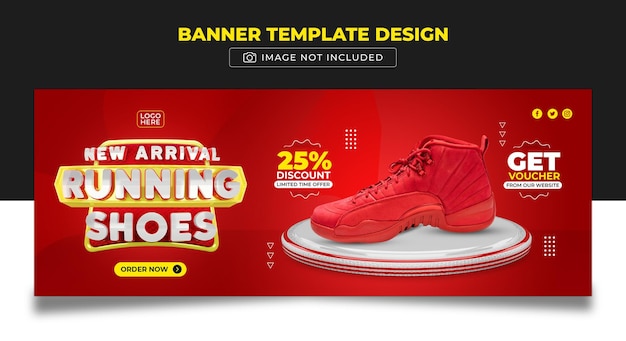 Diseño de plantilla de banner de portada de redes sociales 3d de zapatos recién llegados