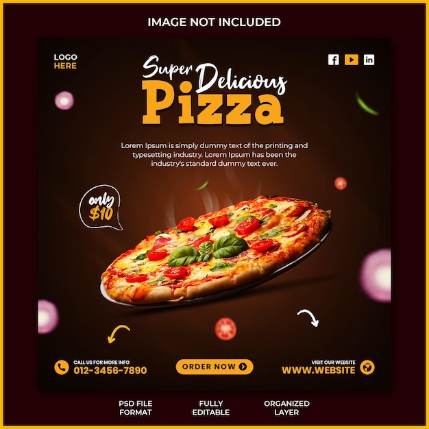 Diseño de plantilla de banner de publicación de instagram de promoción de comida rápida de pizza súper deliciosa