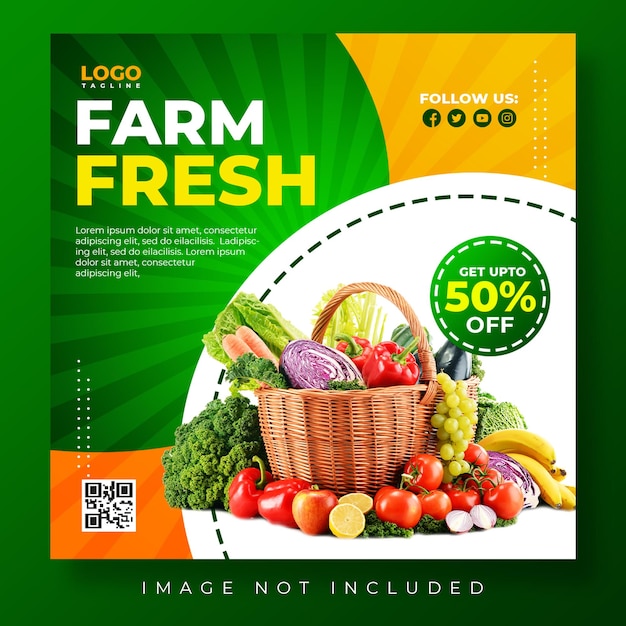 Diseño de plantilla de banner de publicación de instagram de redes sociales para compras de comestibles verduras comida de supermercado