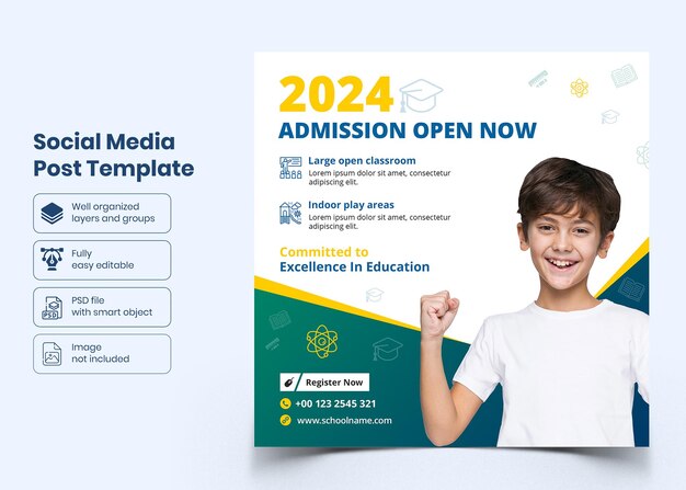PSD diseño de plantilla de banner de redes sociales de admisión a la escuela