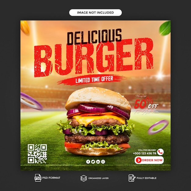 Diseño de plantilla de banner de redes sociales de menú de comida y hamburguesa deliciosa especial psd gratis