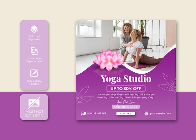 Diseño de plantilla de banner web y publicación de redes sociales de yoga