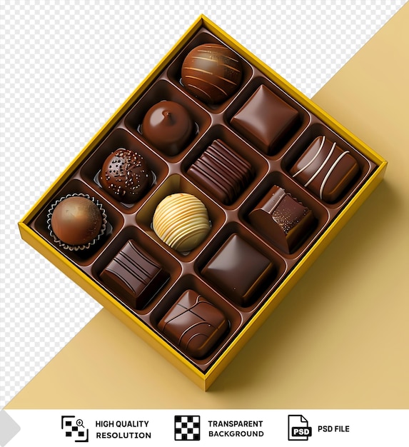 PSD diseño de plantilla de la caja de chocolate dieline con chocolates y una pelota sobre un fondo amarillo