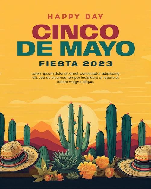 PSD diseño de plantilla de cartel cinco de mayo con fondo de cactus y sombrero mexicano