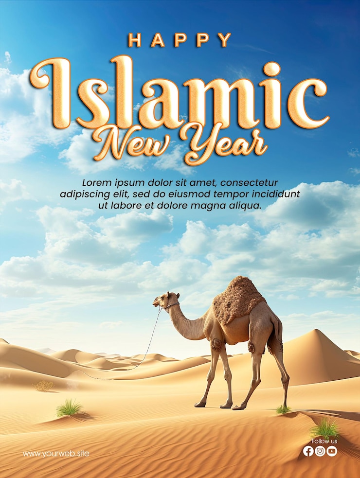 PSD diseño de plantilla de cartel de saludo de feliz año nuevo islámico con fondo de camello en el desierto y la mezquita