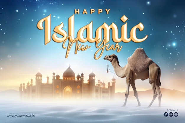 Diseño de plantilla de cartel de saludo de feliz año nuevo islámico con fondo de camello en el desierto y la mezquita