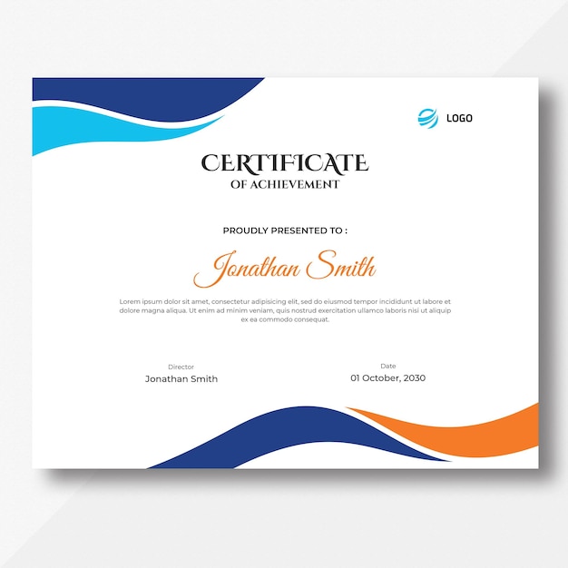 PSD diseño de plantilla de certificado de ondas azules y naranjas