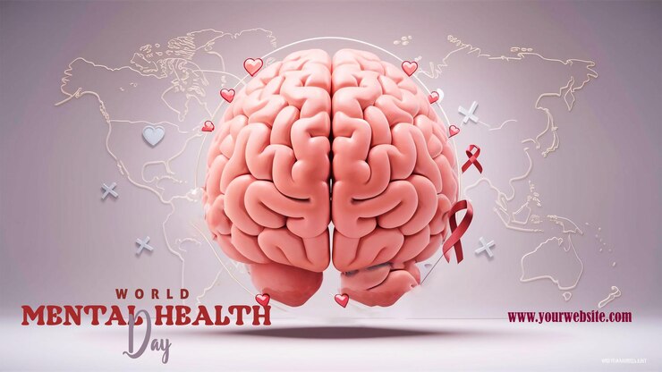 Diseño de plantilla para el Día Mundial de la Salud Mental con cerebro humano y cinta