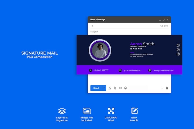 PSD diseño de plantilla de firma de correo electrónico de concepto creativo o pie de página de correo electrónico y portada de redes sociales personales