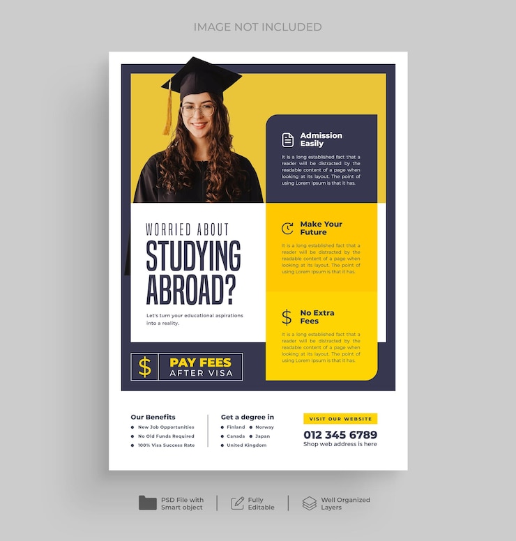 PSD diseño de plantilla de folleto de estudio en el extranjero y póster de admisión universitaria o visa de estudiante
