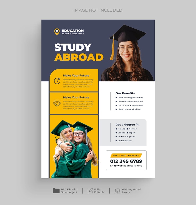 PSD diseño de plantilla de folleto de estudio en el extranjero y póster de admisión universitaria o visa de estudiante