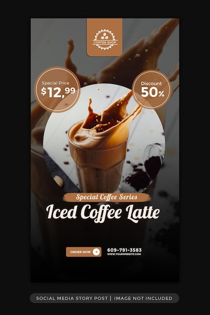 Diseño de plantilla de historias de instagram de cafetería promoción de menú de bebidas de cafetería