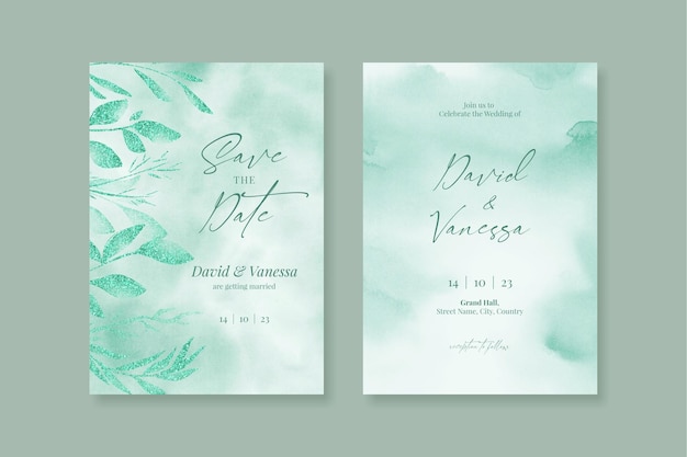 PSD diseño de plantilla de invitación de boda de acuarela verde azulado