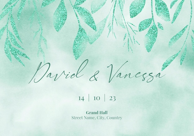 Diseño de plantilla de invitación de boda floral verde azulado